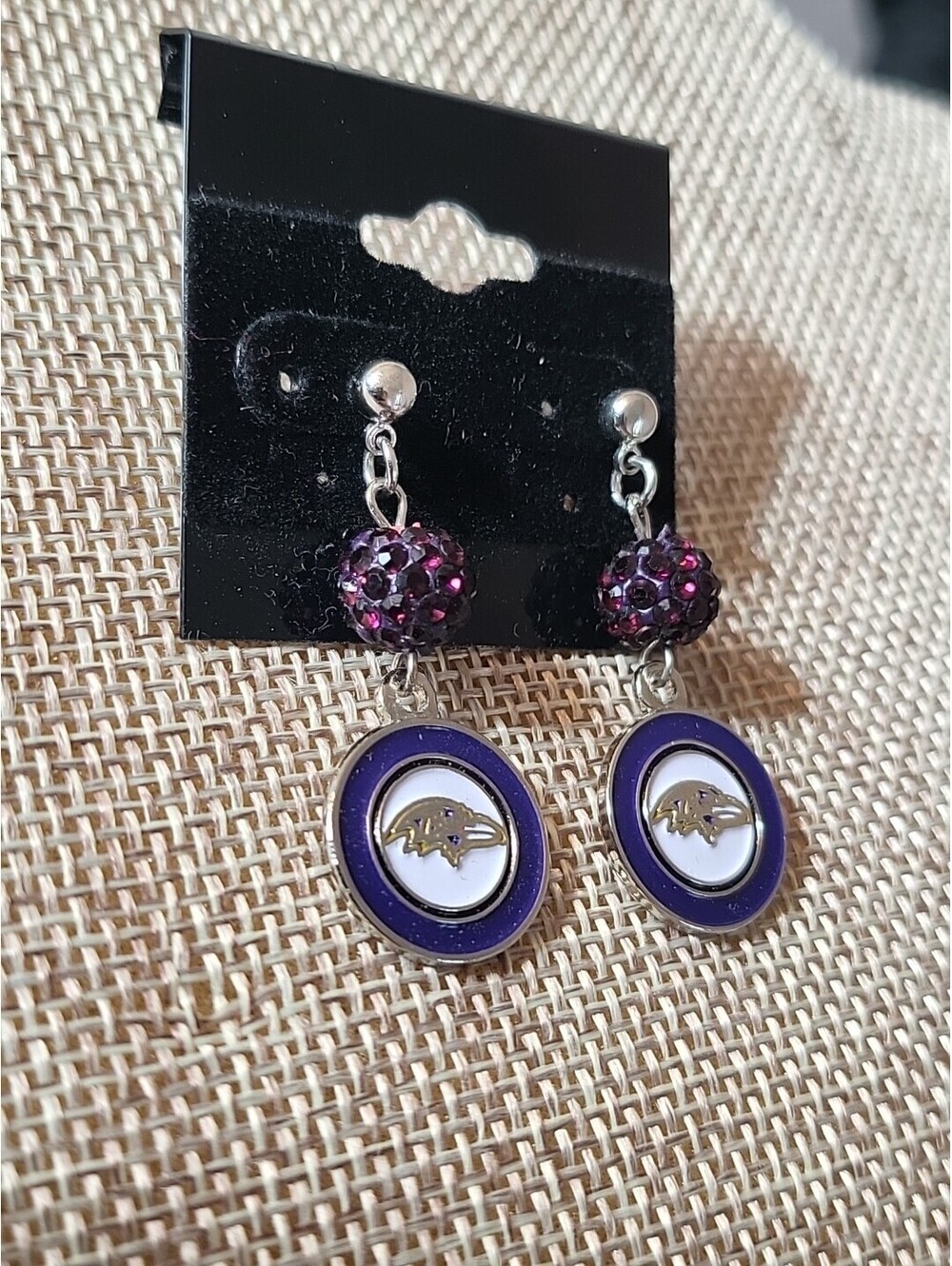 Seattle Seahawks Football Logo Dangle Earrings Sparkling Purple Plum Rhinestones